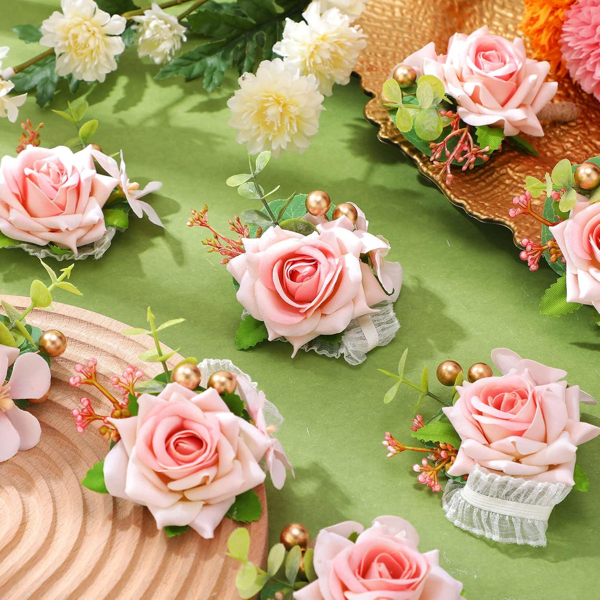 20 Pcs Pink Rose Corsage and Boutonniere Set for Wedding