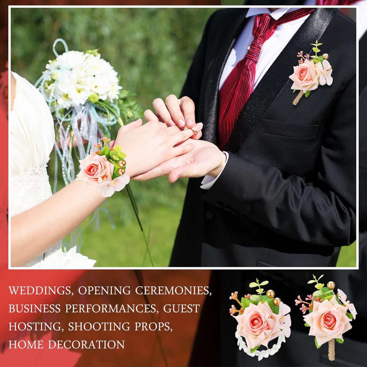 20 Pcs Pink Rose Corsage and Boutonniere Set for Wedding