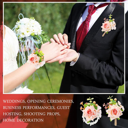 20 Pcs Pink Rose Corsage and Boutonniere Set for Wedding