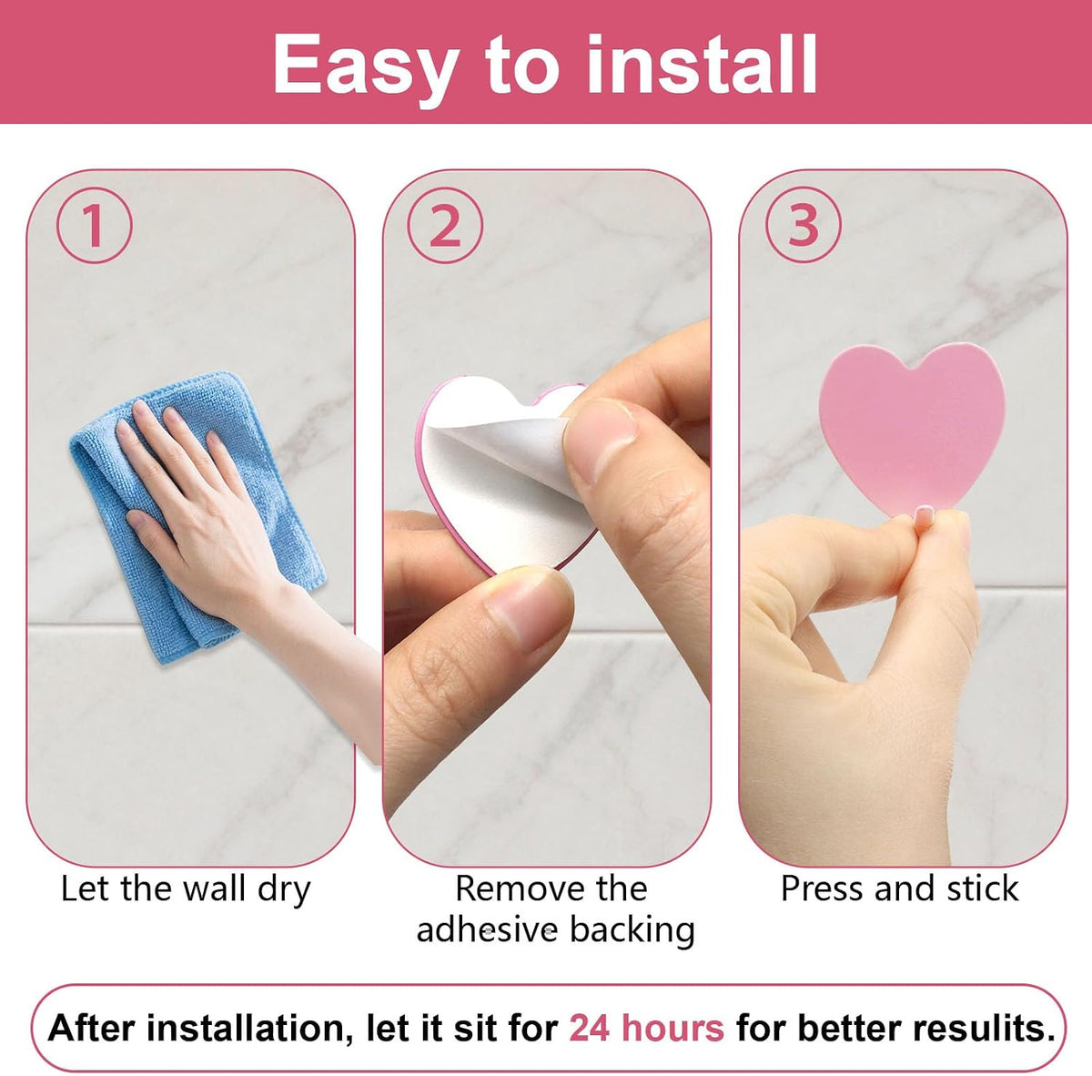 Heart Shaped Wall Hooks, Light Pink, 6 Pack