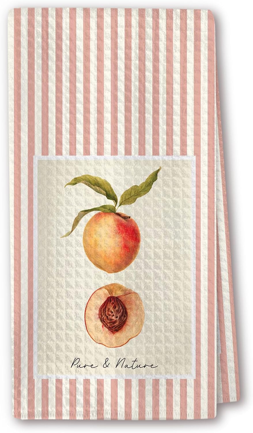 Cute Kitchen Towels - Peach Fruit Illustration with Slice, Pink Stripes, Absorbent Dish Towels for Kitchen, Tea Towel, Giftable Housewarming Gifts New Home - 16"x24"(253)
