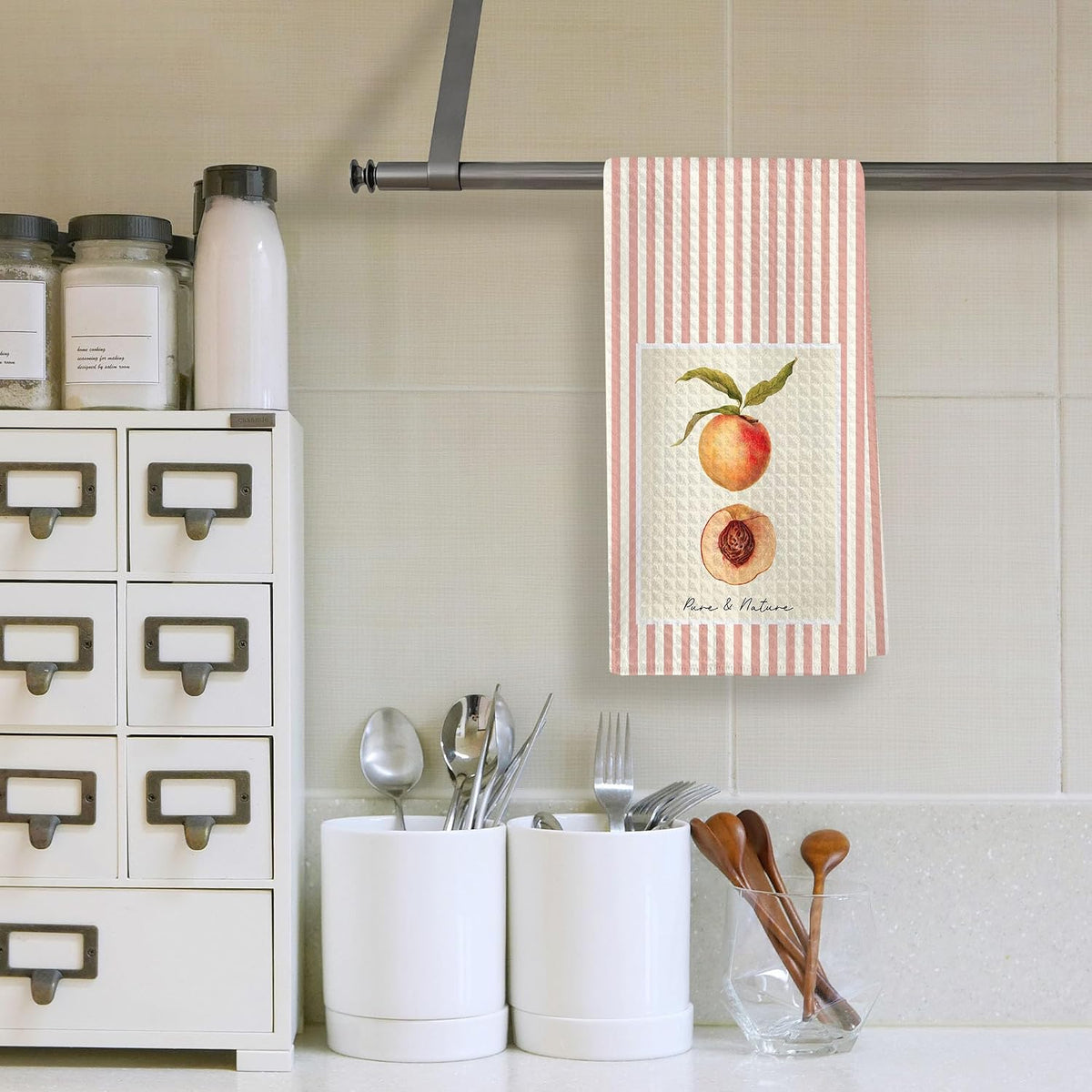 Cute Kitchen Towels - Peach Fruit Illustration with Slice, Pink Stripes, Absorbent Dish Towels for Kitchen, Tea Towel, Giftable Housewarming Gifts New Home - 16"x24"(253)