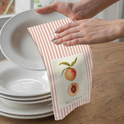 Cute Kitchen Towels - Peach Fruit Illustration with Slice, Pink Stripes, Absorbent Dish Towels for Kitchen, Tea Towel, Giftable Housewarming Gifts New Home - 16"x24"(253)