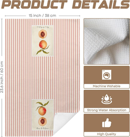 Cute Kitchen Towels - Peach Fruit Illustration with Slice, Pink Stripes, Absorbent Dish Towels for Kitchen, Tea Towel, Giftable Housewarming Gifts New Home - 16"x24"(253)
