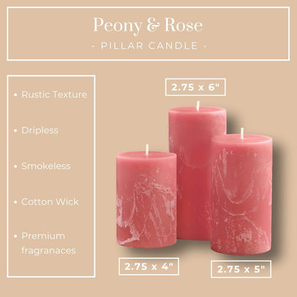 Peony Rose Scented Pillar Candles, Set of 3 Pink Candles, 3x4, 3x5, 3x6