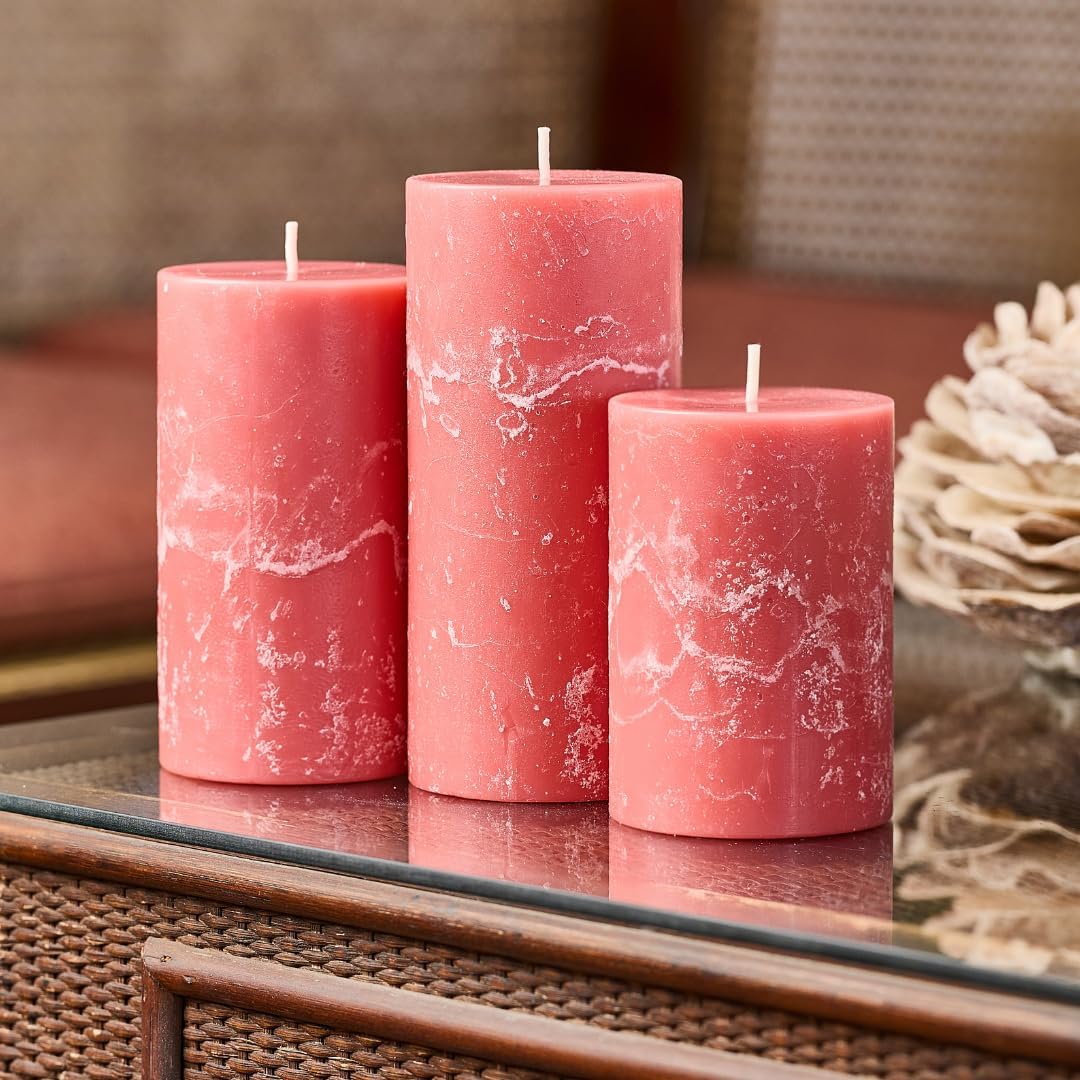 Peony Rose Scented Pillar Candles, Set of 3 Pink Candles, 3x4, 3x5, 3x6