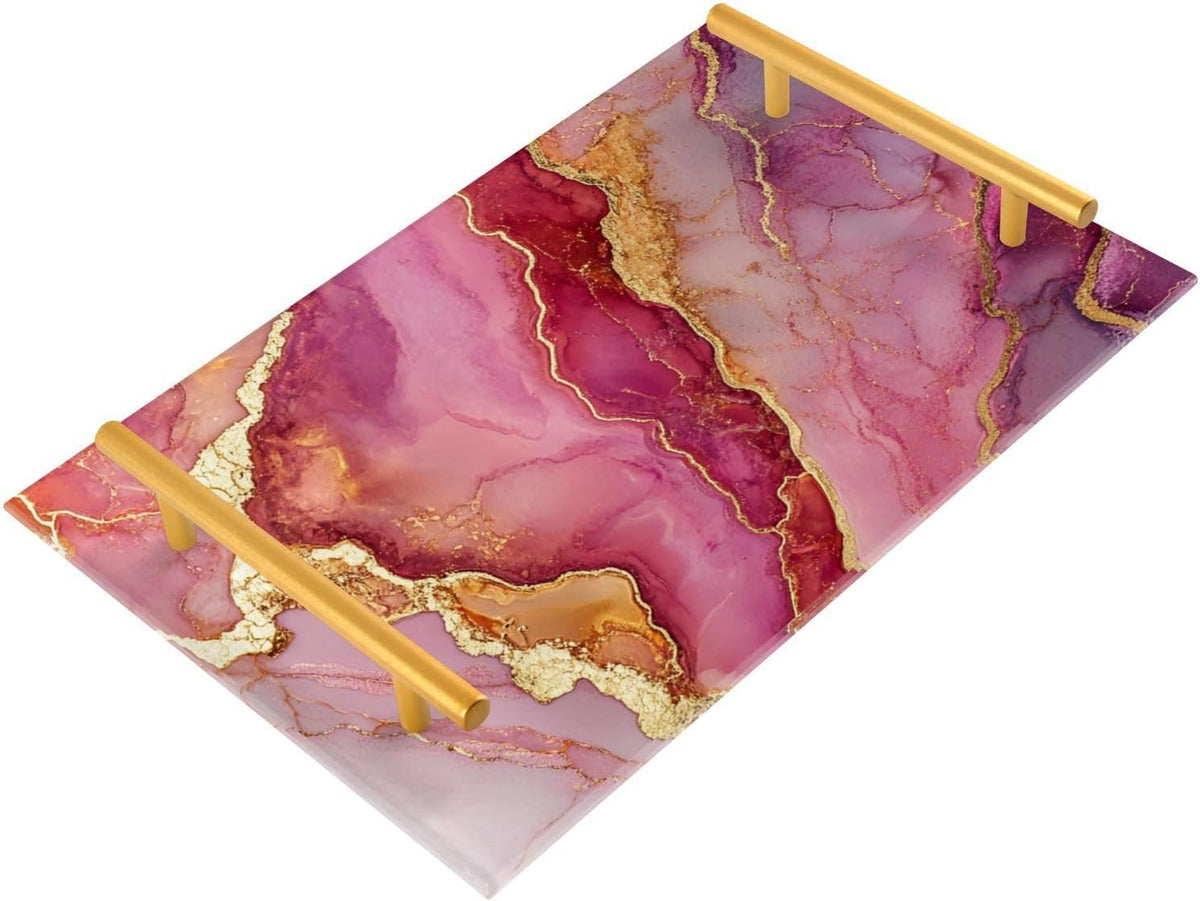 Marble Rose Gold Hot Pink Decorative Tray with Handles with Handles Outdoor Serving Tray for Jewelry Perfume for Restaurant Serving Tabla para servir alimentos