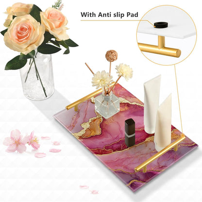 Marble Rose Gold Hot Pink Decorative Tray with Handles with Handles Outdoor Serving Tray for Jewelry Perfume for Restaurant Serving Tabla para servir alimentos