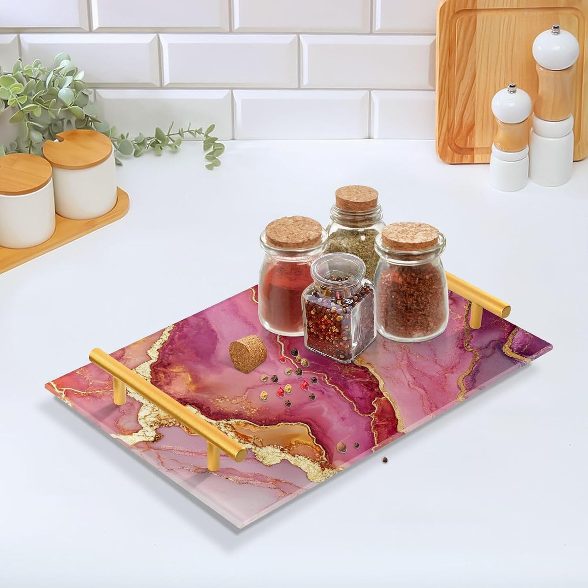 Marble Rose Gold Hot Pink Decorative Tray with Handles with Handles Outdoor Serving Tray for Jewelry Perfume for Restaurant Serving Tabla para servir alimentos