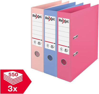 Pastel Plastic A4 Lever Arch Files, 3-Pack (Pink, Blue, Peach), Patented No.1 Power Mechanism, FSC Certified, Replaceable Spine Labels, Ring Binder, Archiving & Home Office File Organizer
