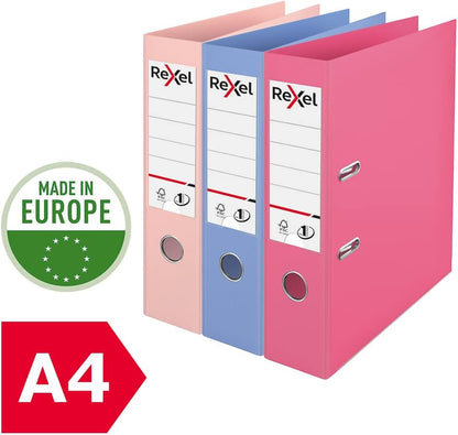 Pastel Plastic A4 Lever Arch Files, 3-Pack (Pink, Blue, Peach), Patented No.1 Power Mechanism, FSC Certified, Replaceable Spine Labels, Ring Binder, Archiving & Home Office File Organizer