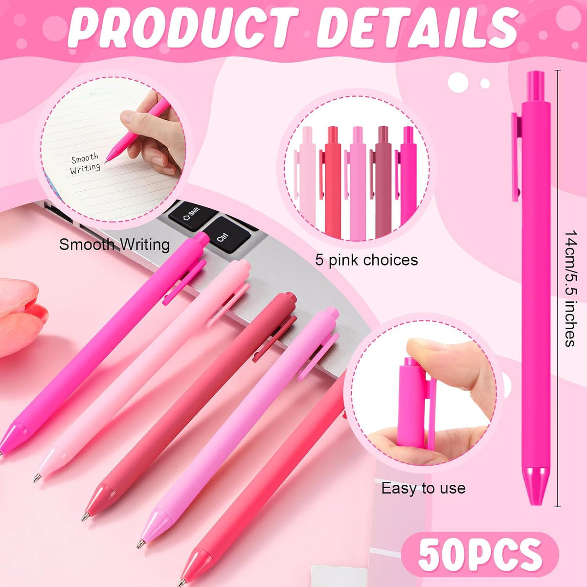 50 Pcs Ballpoint Gel Pens Bulk Retractable, Pink Series