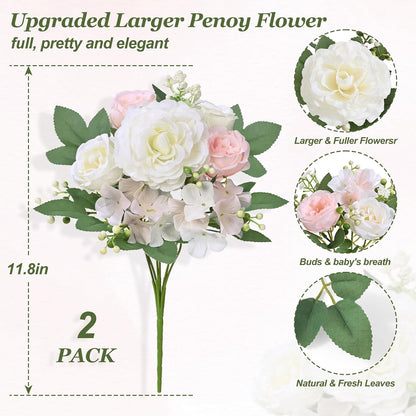 2 Bouquets Peonies Artificial Flowers, Mixed Pink & White