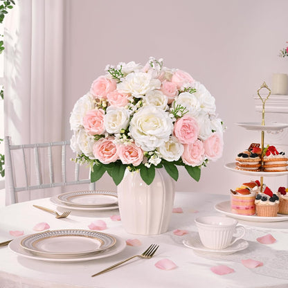 2 Bouquets Peonies Artificial Flowers, Mixed Pink & White