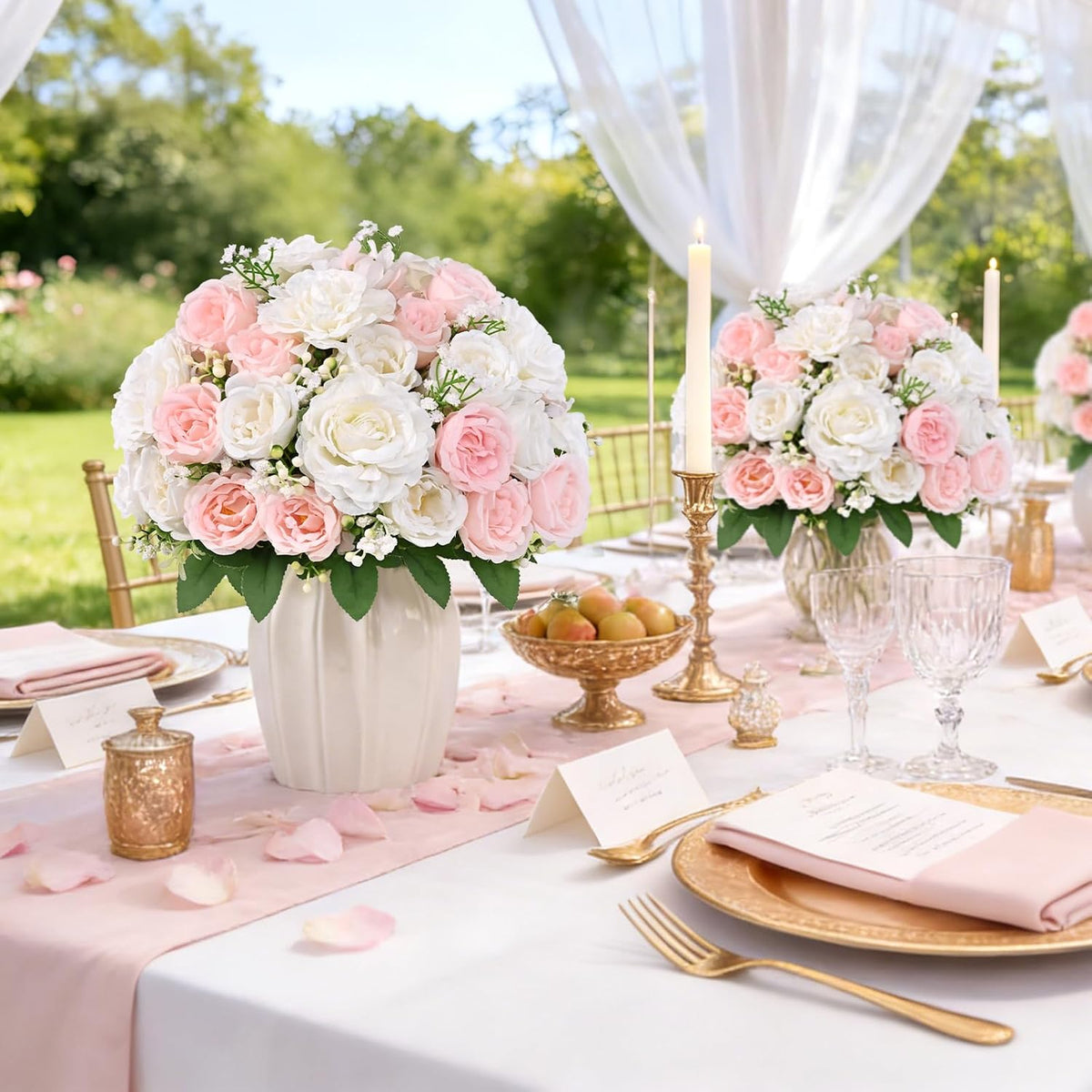 2 Bouquets Peonies Artificial Flowers, Mixed Pink & White