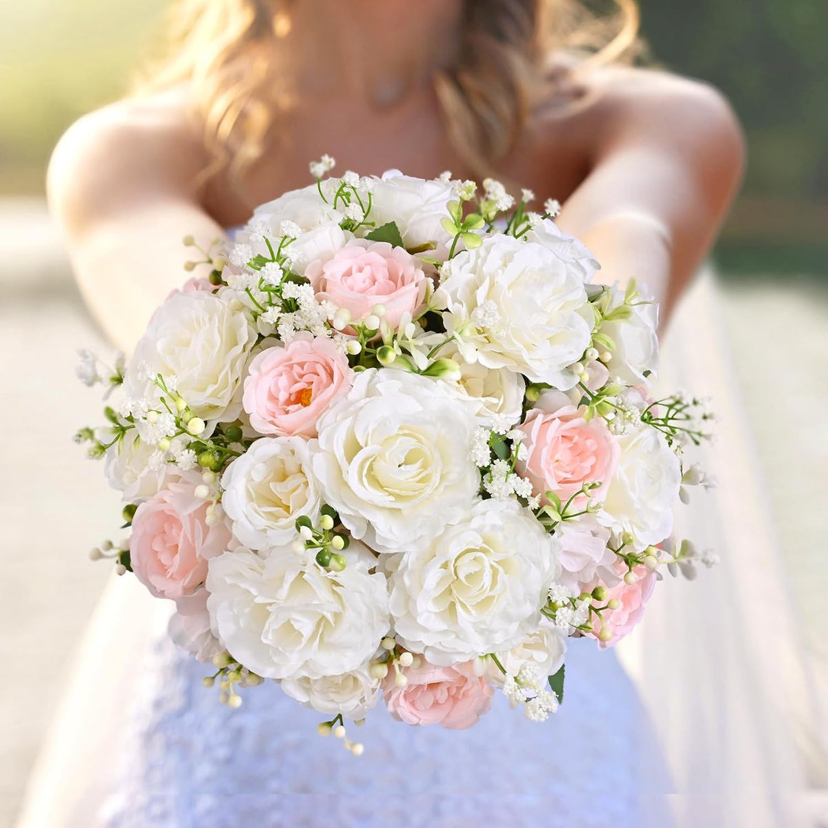 2 Bouquets Peonies Artificial Flowers, Mixed Pink & White