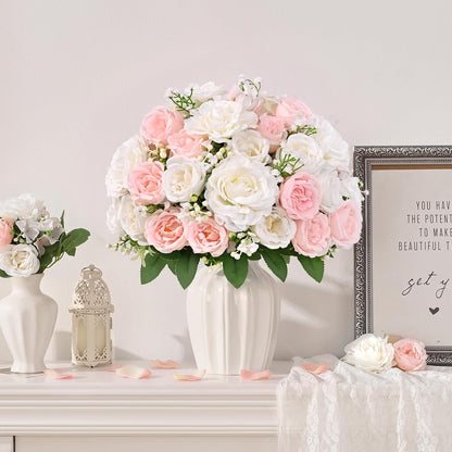 2 Bouquets Peonies Artificial Flowers, Mixed Pink & White