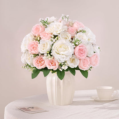 2 Bouquets Peonies Artificial Flowers, Mixed Pink & White