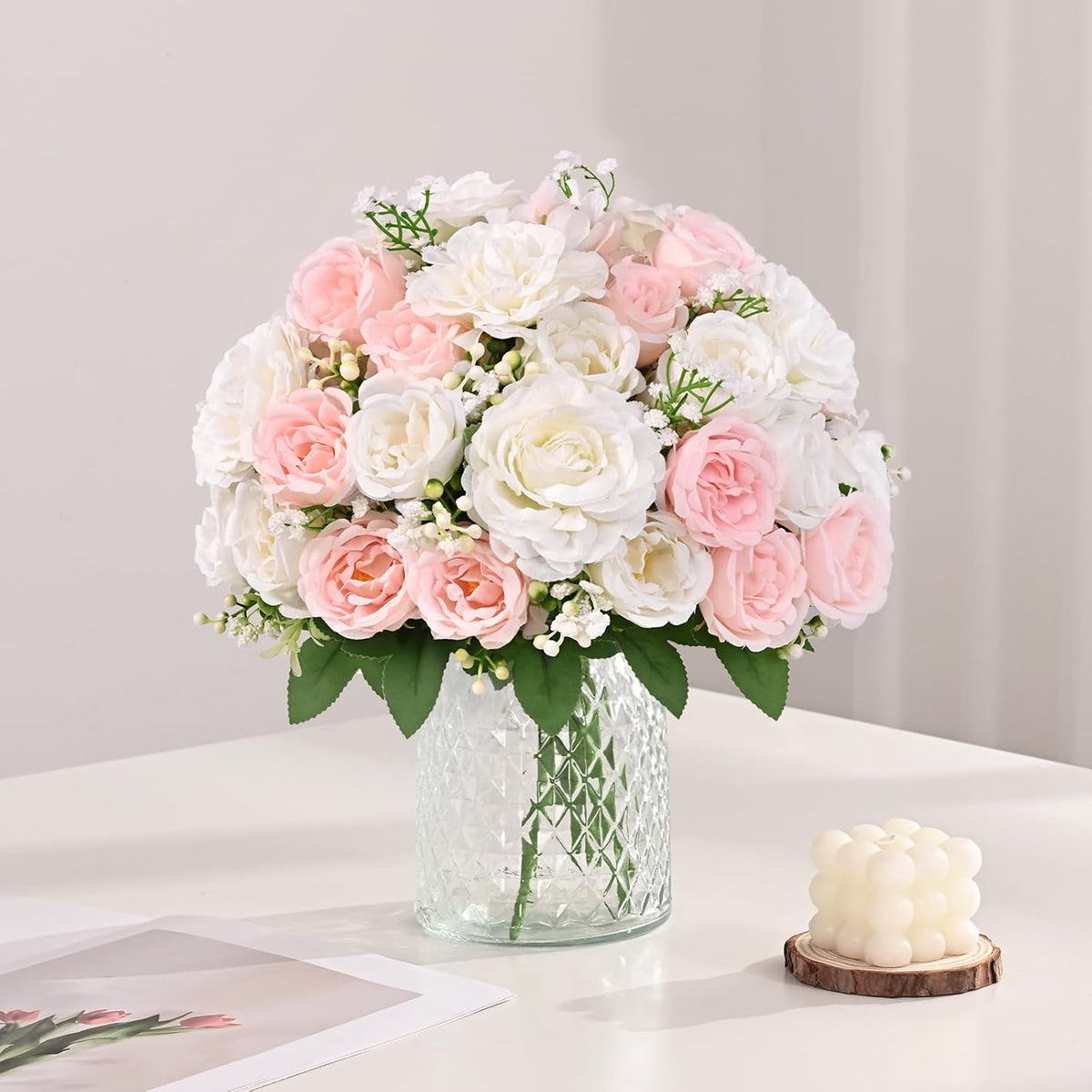 2 Bouquets Peonies Artificial Flowers, Mixed Pink & White