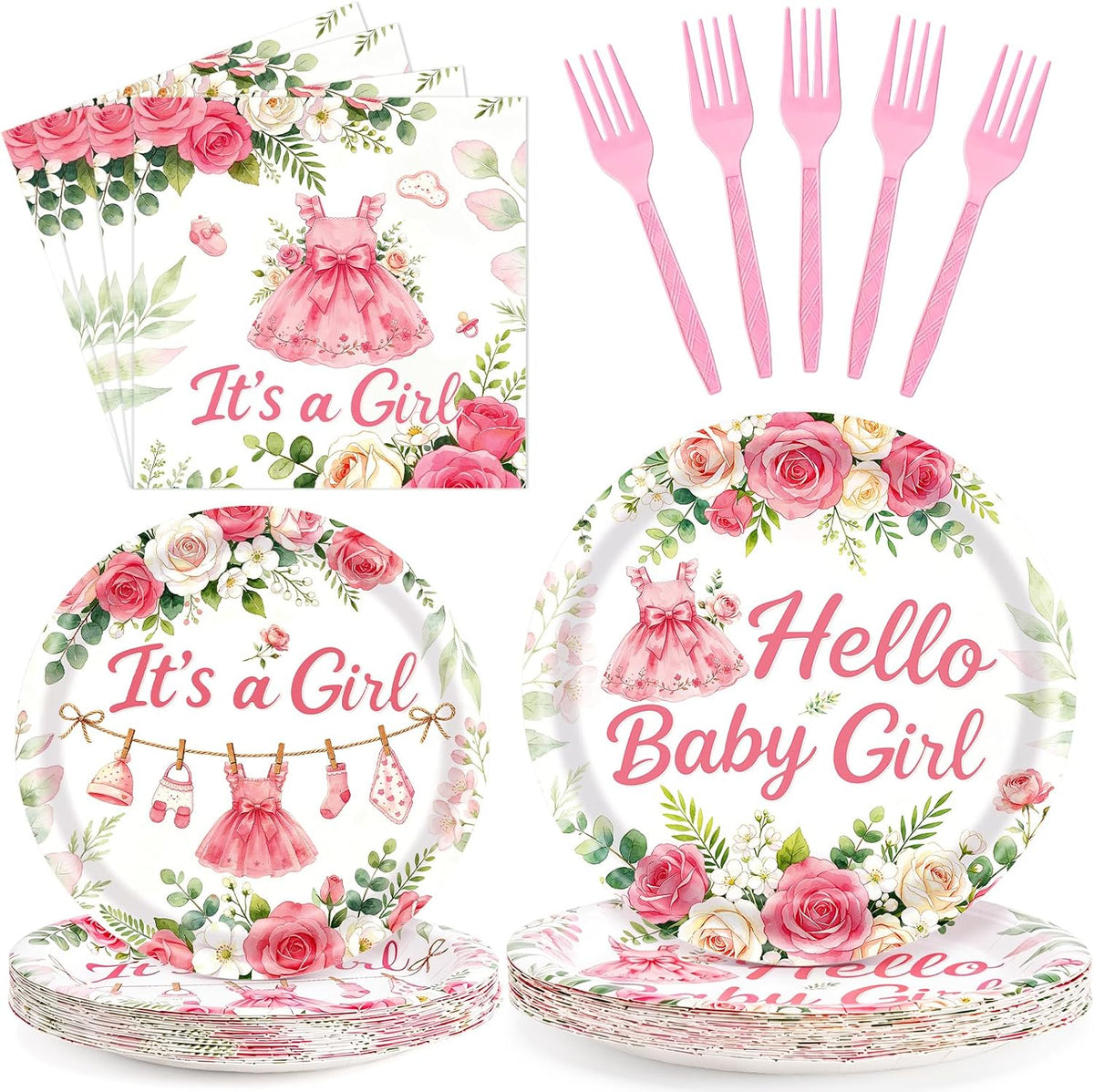 Baby Shower Decorations for Girl, 96Pcs Pink Floral Baby Shower Plates and Napkins Serves 24 Its a Girl Baby Tableware Set for Baby Girls Birthday Party Decorations