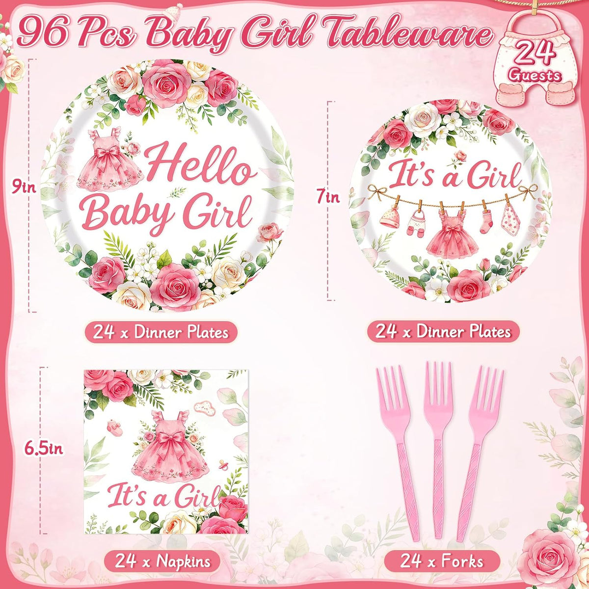 Baby Shower Decorations for Girl, 96Pcs Pink Floral Baby Shower Plates and Napkins Serves 24 Its a Girl Baby Tableware Set for Baby Girls Birthday Party Decorations