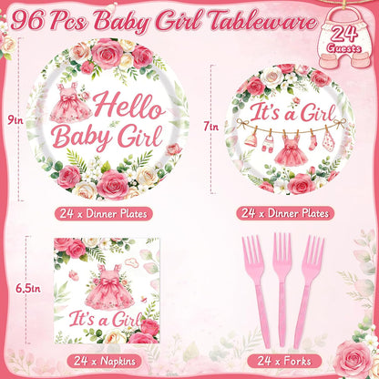 Baby Shower Decorations for Girl, 96Pcs Pink Floral Baby Shower Plates and Napkins Serves 24 Its a Girl Baby Tableware Set for Baby Girls Birthday Party Decorations