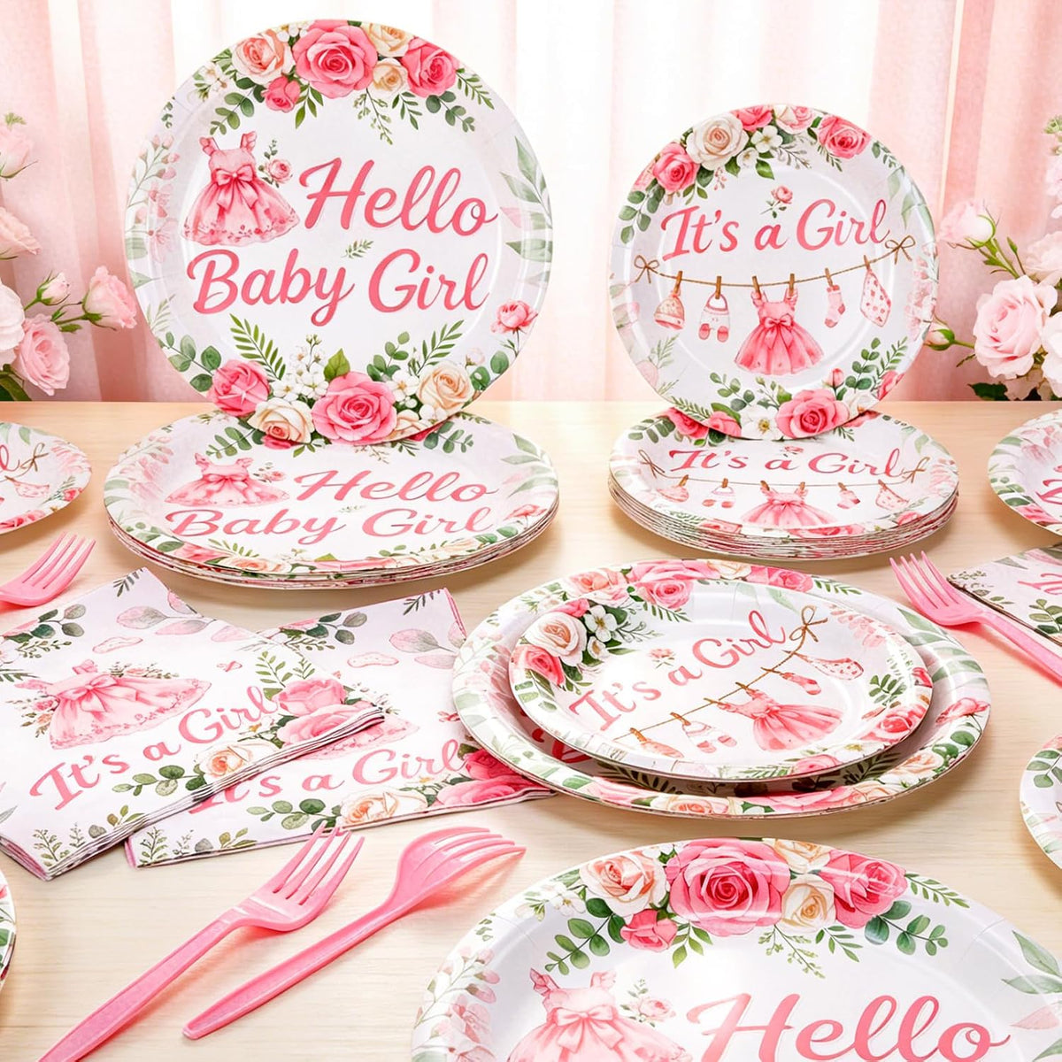 Baby Shower Decorations for Girl, 96Pcs Pink Floral Baby Shower Plates and Napkins Serves 24 Its a Girl Baby Tableware Set for Baby Girls Birthday Party Decorations