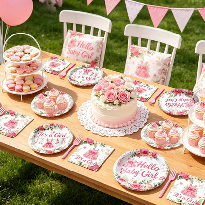 Baby Shower Decorations for Girl, 96Pcs Pink Floral Baby Shower Plates and Napkins Serves 24 Its a Girl Baby Tableware Set for Baby Girls Birthday Party Decorations