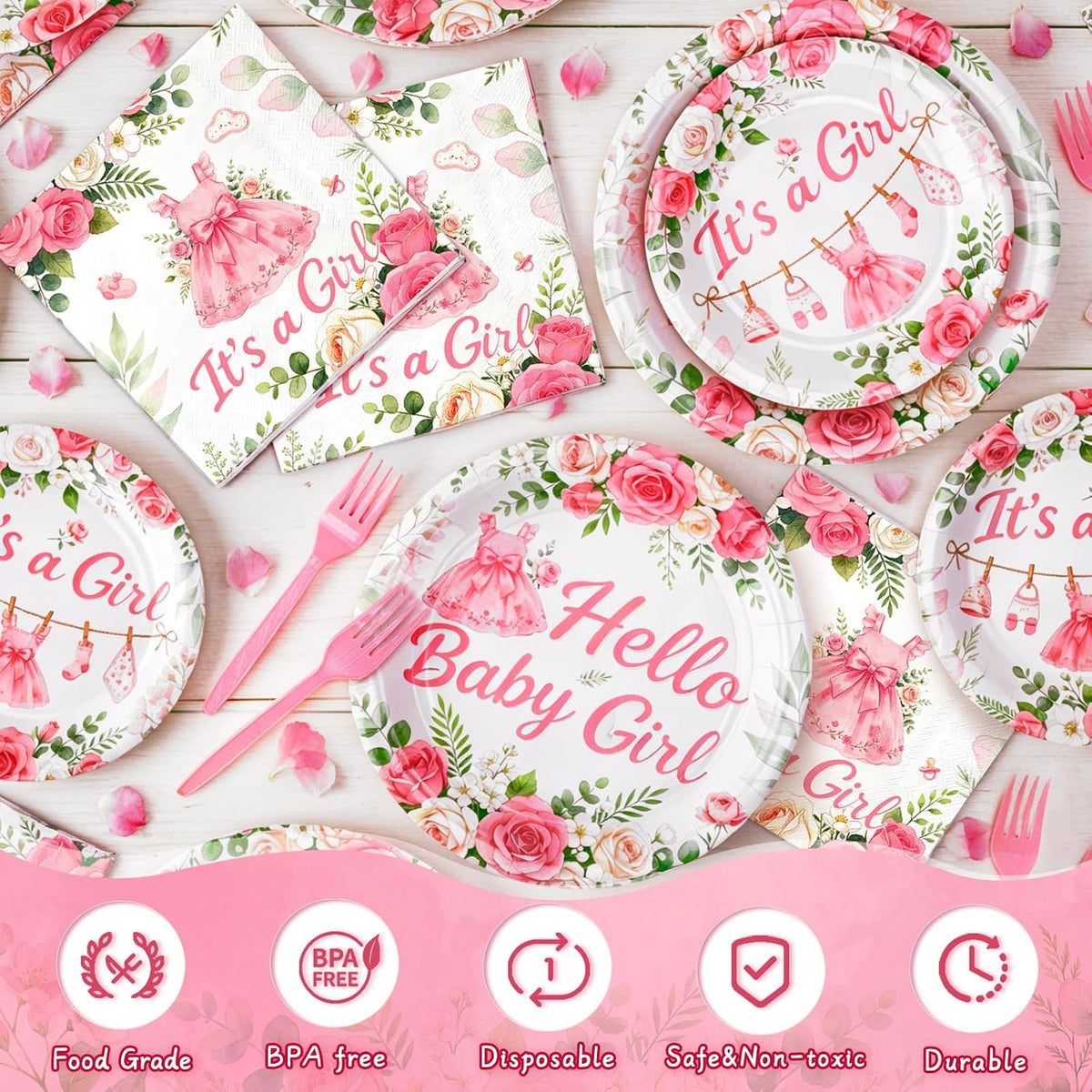 Baby Shower Decorations for Girl, 96Pcs Pink Floral Baby Shower Plates and Napkins Serves 24 Its a Girl Baby Tableware Set for Baby Girls Birthday Party Decorations