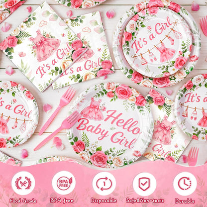 Baby Shower Decorations for Girl, 96Pcs Pink Floral Baby Shower Plates and Napkins Serves 24 Its a Girl Baby Tableware Set for Baby Girls Birthday Party Decorations