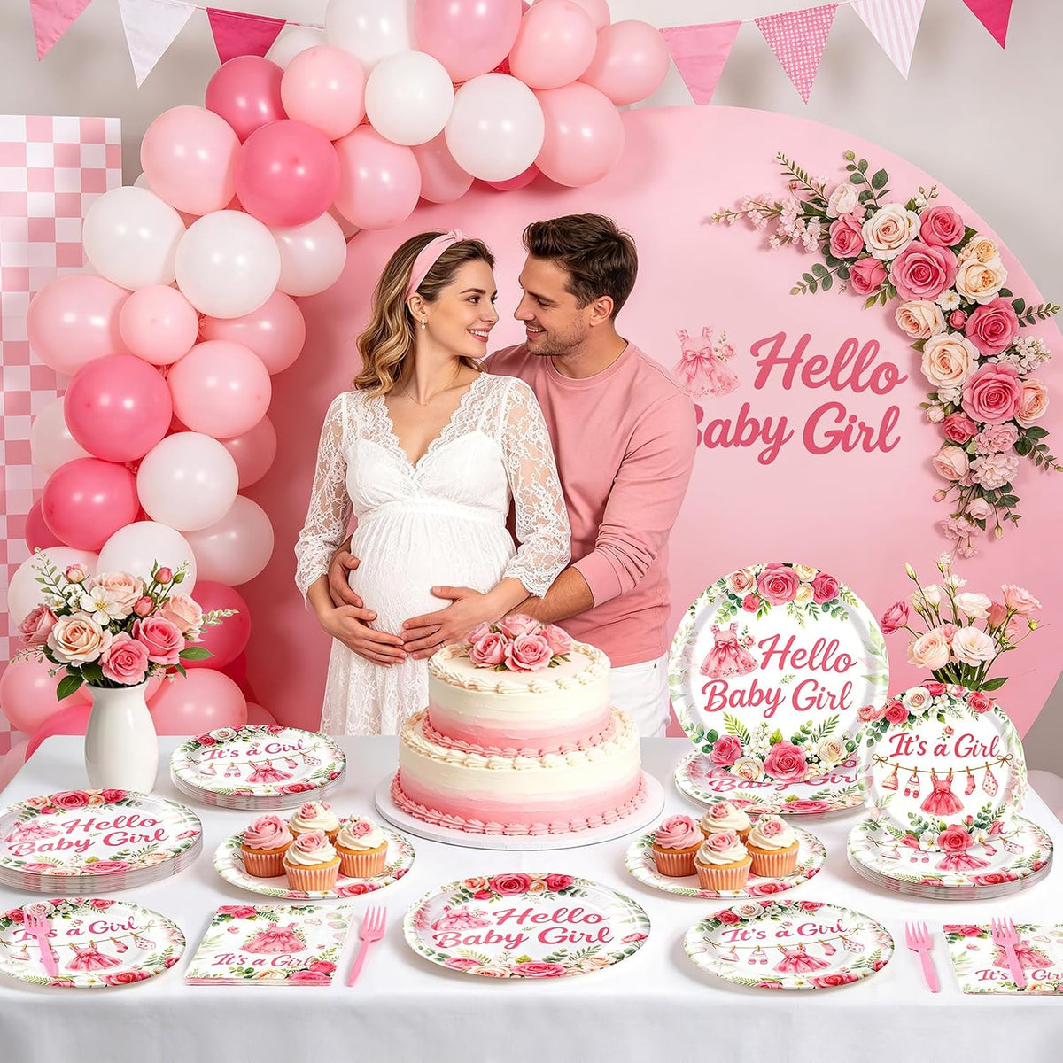 Baby Shower Decorations for Girl, 96Pcs Pink Floral Baby Shower Plates and Napkins Serves 24 Its a Girl Baby Tableware Set for Baby Girls Birthday Party Decorations