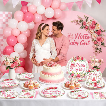 Baby Shower Decorations for Girl, 96Pcs Pink Floral Baby Shower Plates and Napkins Serves 24 Its a Girl Baby Tableware Set for Baby Girls Birthday Party Decorations