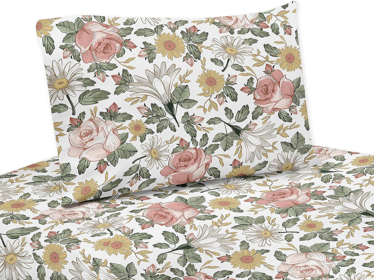 Vintage Floral Boho Twin Sheet Set - 3 piece Set - Blush Pink, Yellow, Green and White Shabby Chic Rose Flower Farmhouse