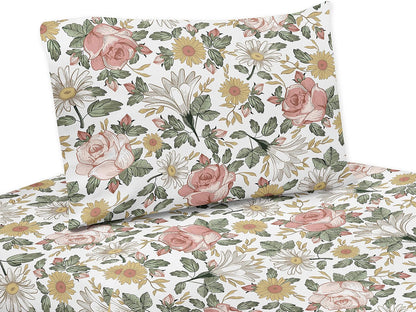 Vintage Floral Boho Twin Sheet Set - 3 piece Set - Blush Pink, Yellow, Green and White Shabby Chic Rose Flower Farmhouse