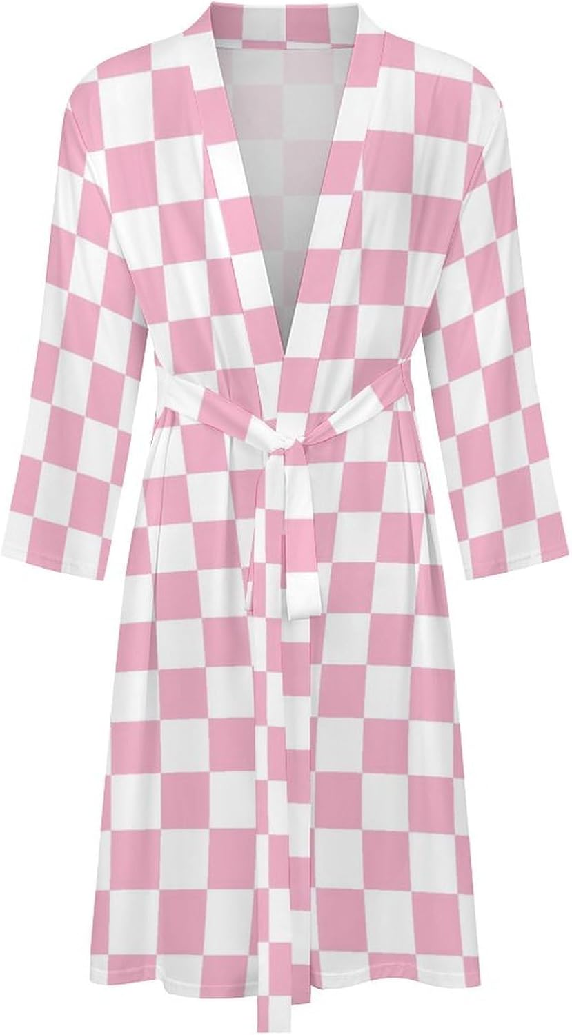 Pink Pastel Checkered Print Robes for Men Women, Soft Bathrobe Long Men Womens Robes Lightweight Cozy Bath Robe