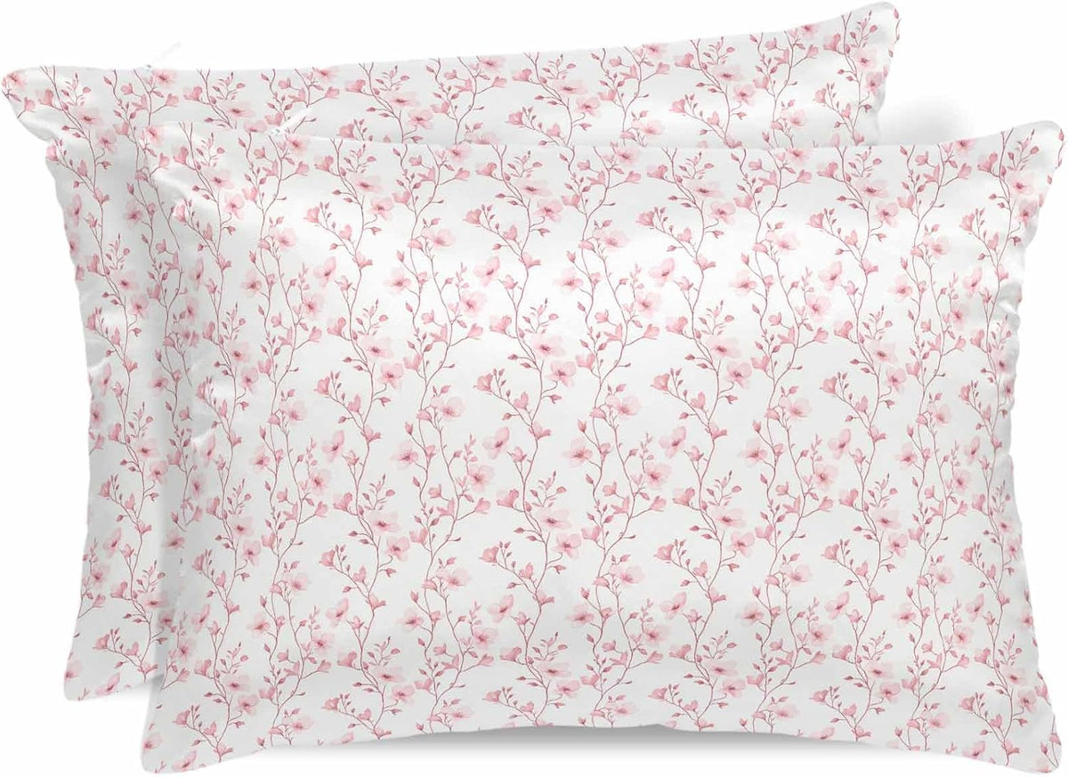 Satin Pillowcase for Hair and Skin Standard Size 2 Pack Pink Floral Satin Pillow Case Soft Breathable Smooth Cooling Silk Flower Tree Branch Pillowcases with Hidden Zipper Throw Pillow Covers 20x26