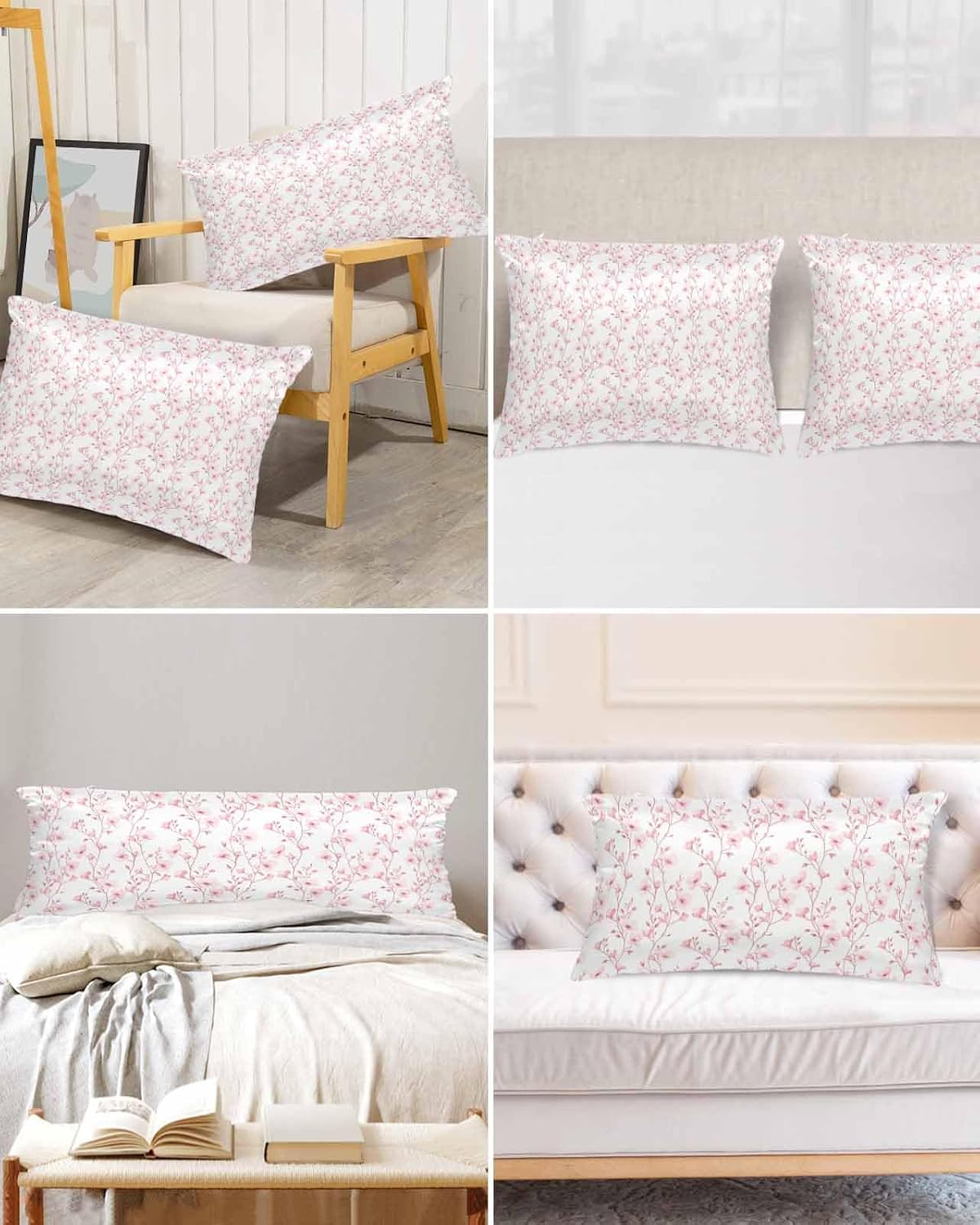 Satin Pillowcase for Hair and Skin Standard Size 2 Pack Pink Floral Satin Pillow Case Soft Breathable Smooth Cooling Silk Flower Tree Branch Pillowcases with Hidden Zipper Throw Pillow Covers 20x26