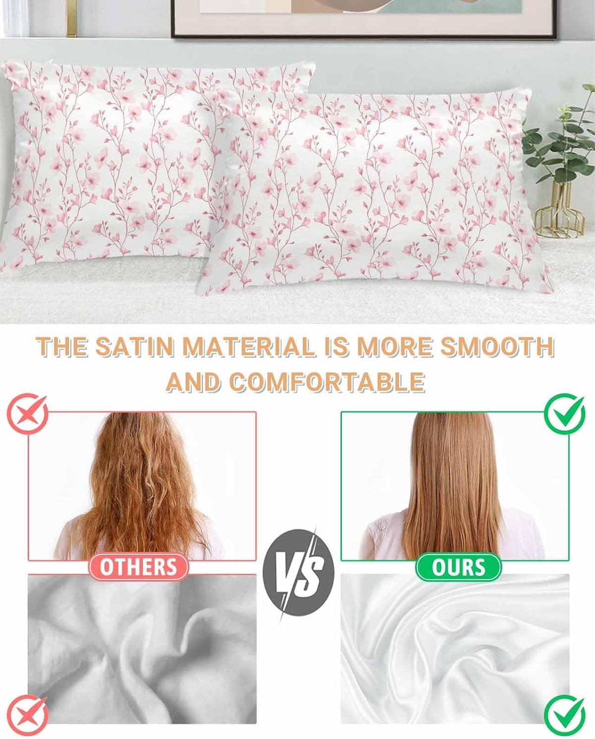 Satin Pillowcase for Hair and Skin Standard Size 2 Pack Pink Floral Satin Pillow Case Soft Breathable Smooth Cooling Silk Flower Tree Branch Pillowcases with Hidden Zipper Throw Pillow Covers 20x26