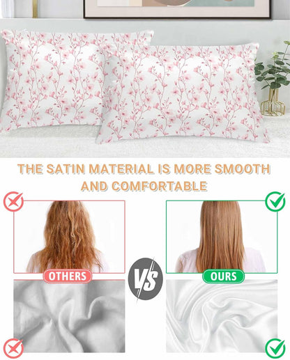 Satin Pillowcase for Hair and Skin Standard Size 2 Pack Pink Floral Satin Pillow Case Soft Breathable Smooth Cooling Silk Flower Tree Branch Pillowcases with Hidden Zipper Throw Pillow Covers 20x26