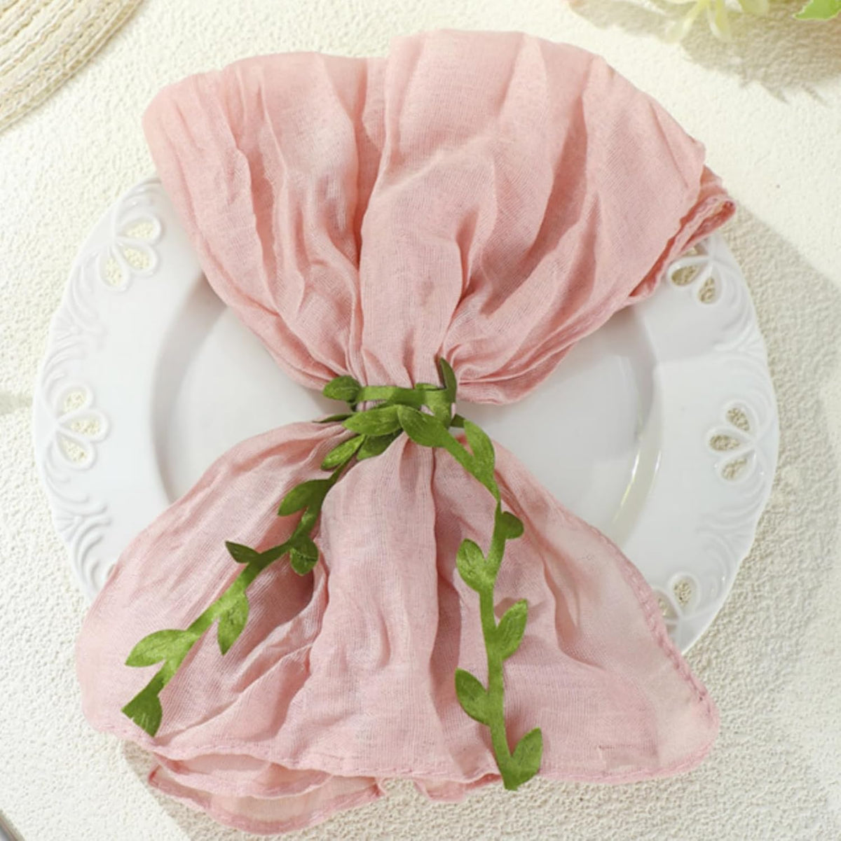 80 Set Cheesecloth Napkins with Leaf Ring, Cotton,Dusty Pink