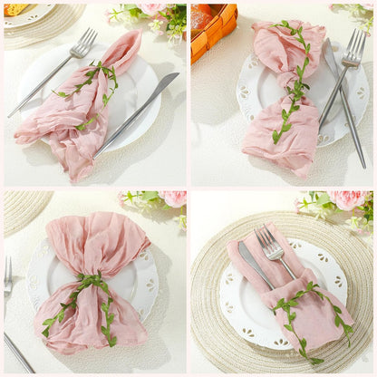 80 Set Cheesecloth Napkins with Leaf Ring, Cotton,Dusty Pink