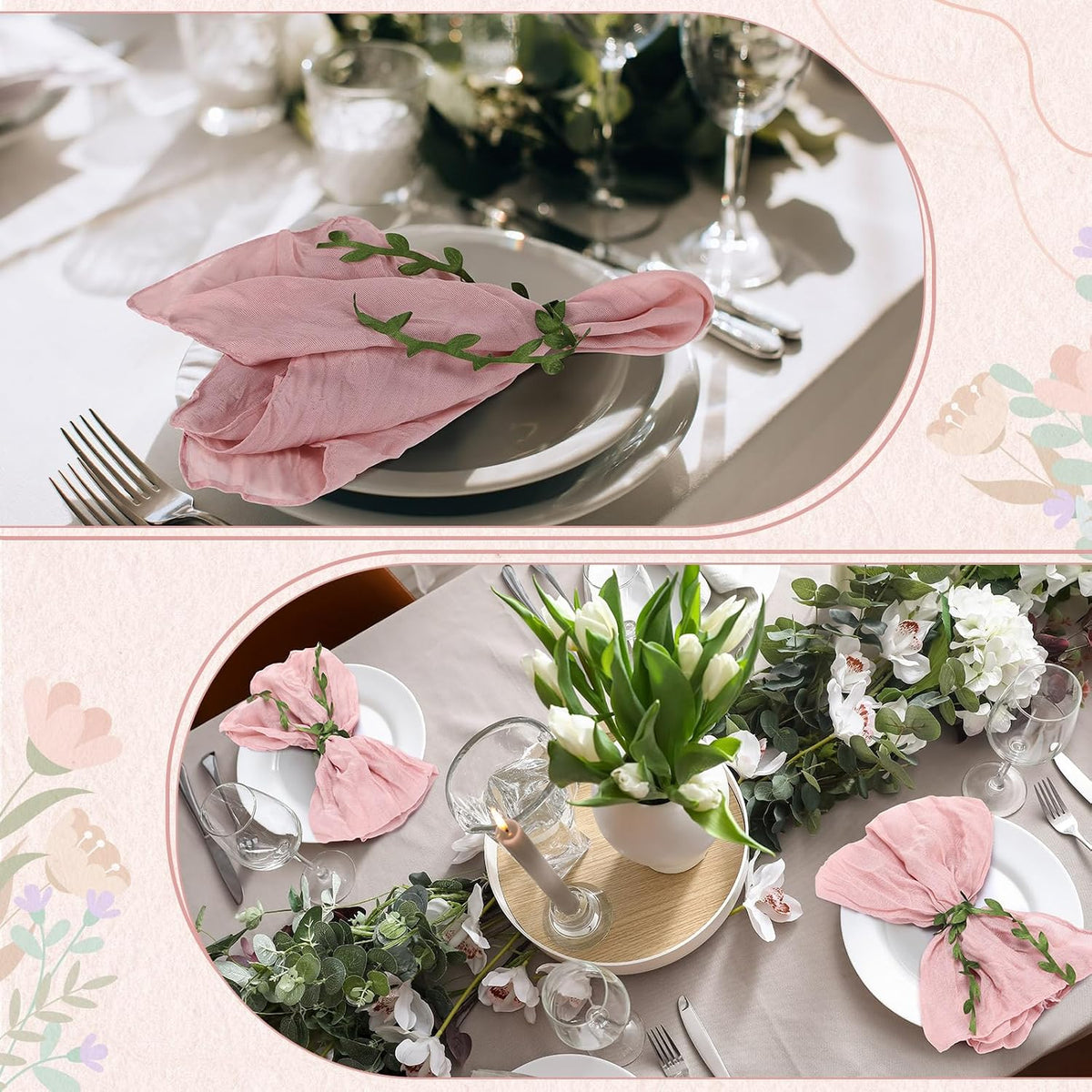 80 Set Cheesecloth Napkins with Leaf Ring, Cotton,Dusty Pink
