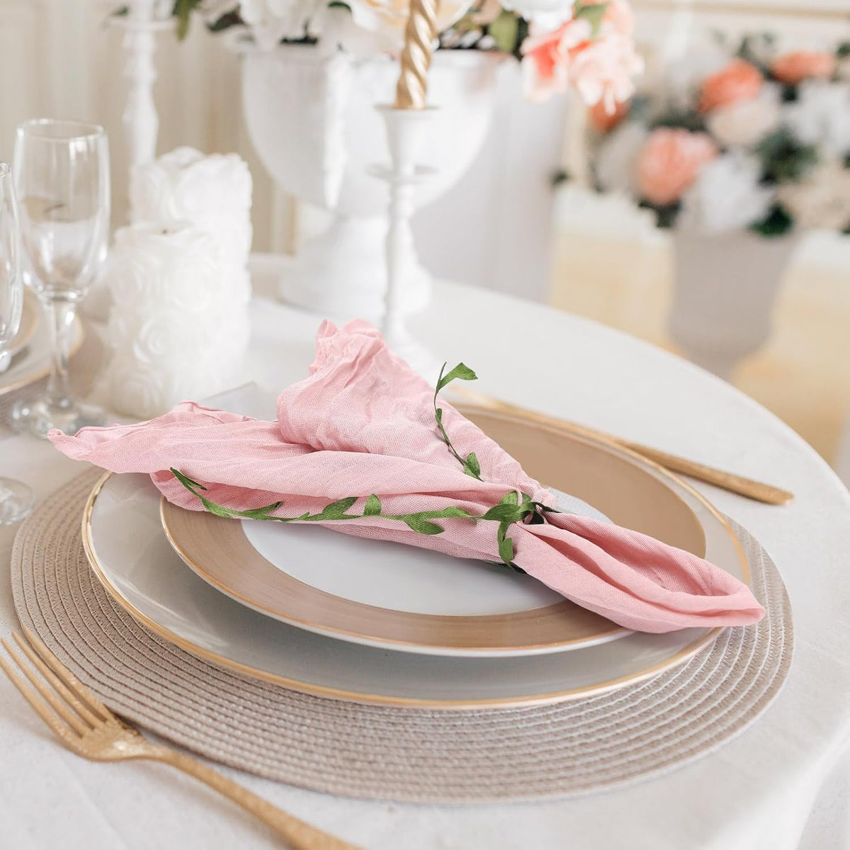 80 Set Cheesecloth Napkins with Leaf Ring, Cotton,Dusty Pink