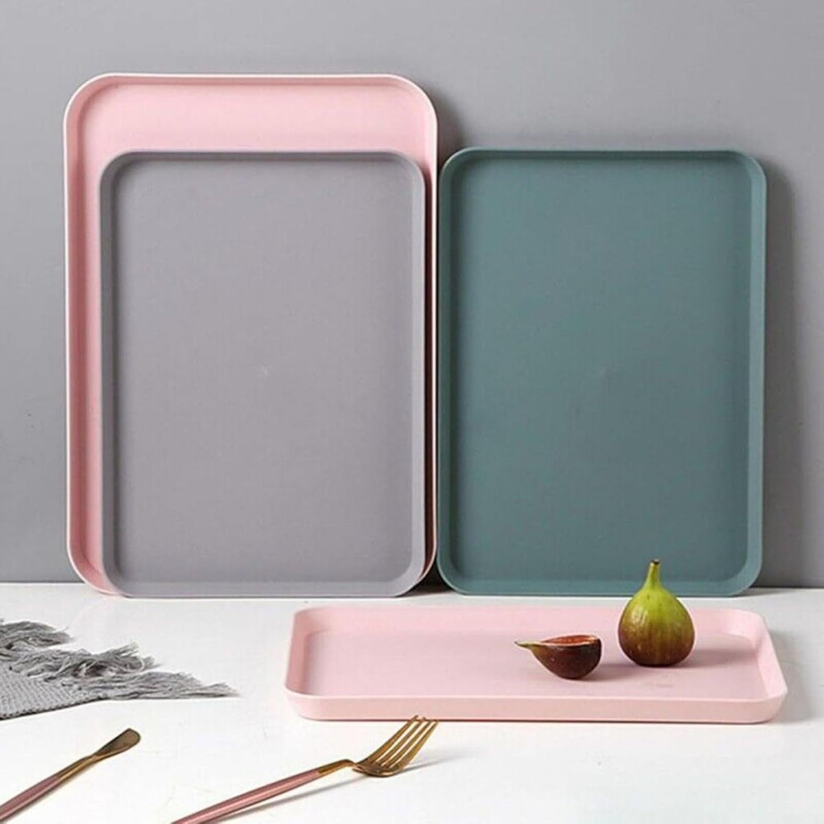 Rectangular Serving Tray with Raised Edges, Anti-Slip Scratch Resistant Plastic Food Tray for Kitchen Dining, Stable Non-Slip Base for Fruit Tea or Makeup, Pink(large pink)