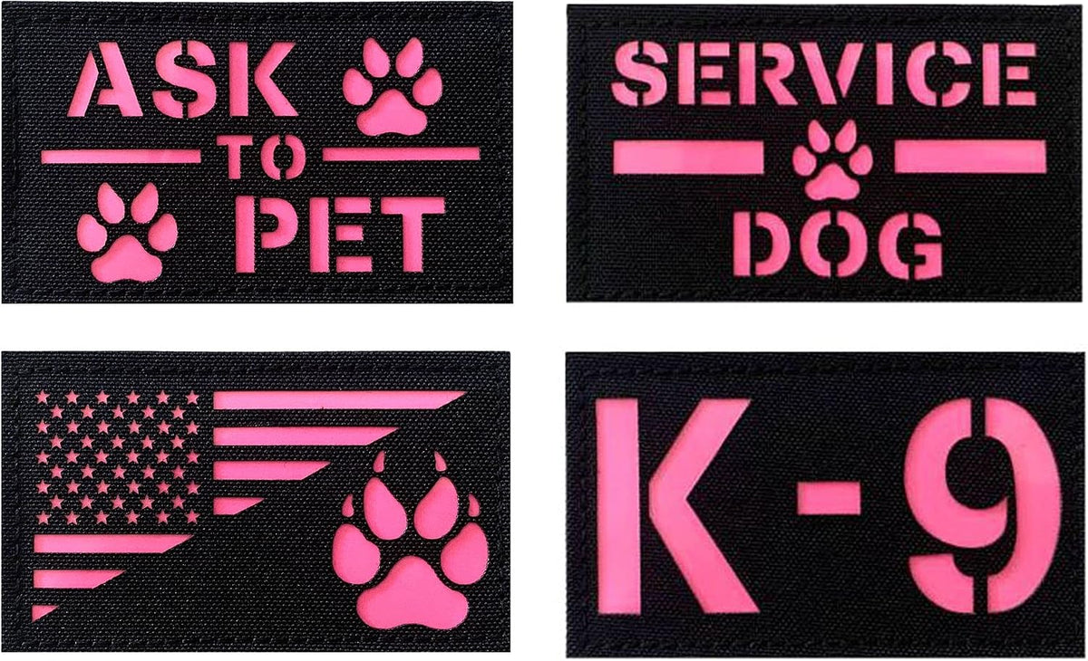 4 Pack Reflective Service Dog Ask to Pet k-9 Tactical Patchs Hook-Fastener Backing (Glow in Dark-Mix-Pink)