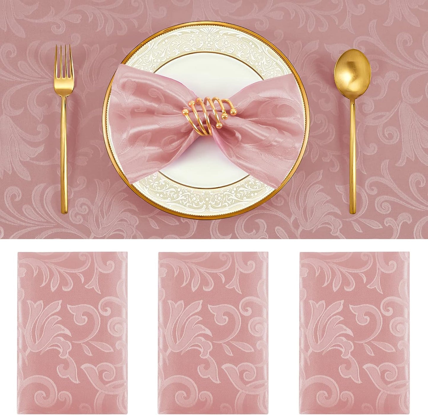 Horbaunal 4 Pack Damask Cloth Napkins 17 x 17 Inch, Jacquard Table Cloth Napkins Set of 4 Square Satin Napkins Fabric Dinner Napkins for Wedding Party Banquet, Rose Gold