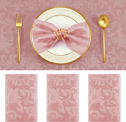 Horbaunal 4 Pack Damask Cloth Napkins 17 x 17 Inch, Jacquard Table Cloth Napkins Set of 4 Square Satin Napkins Fabric Dinner Napkins for Wedding Party Banquet, Rose Gold