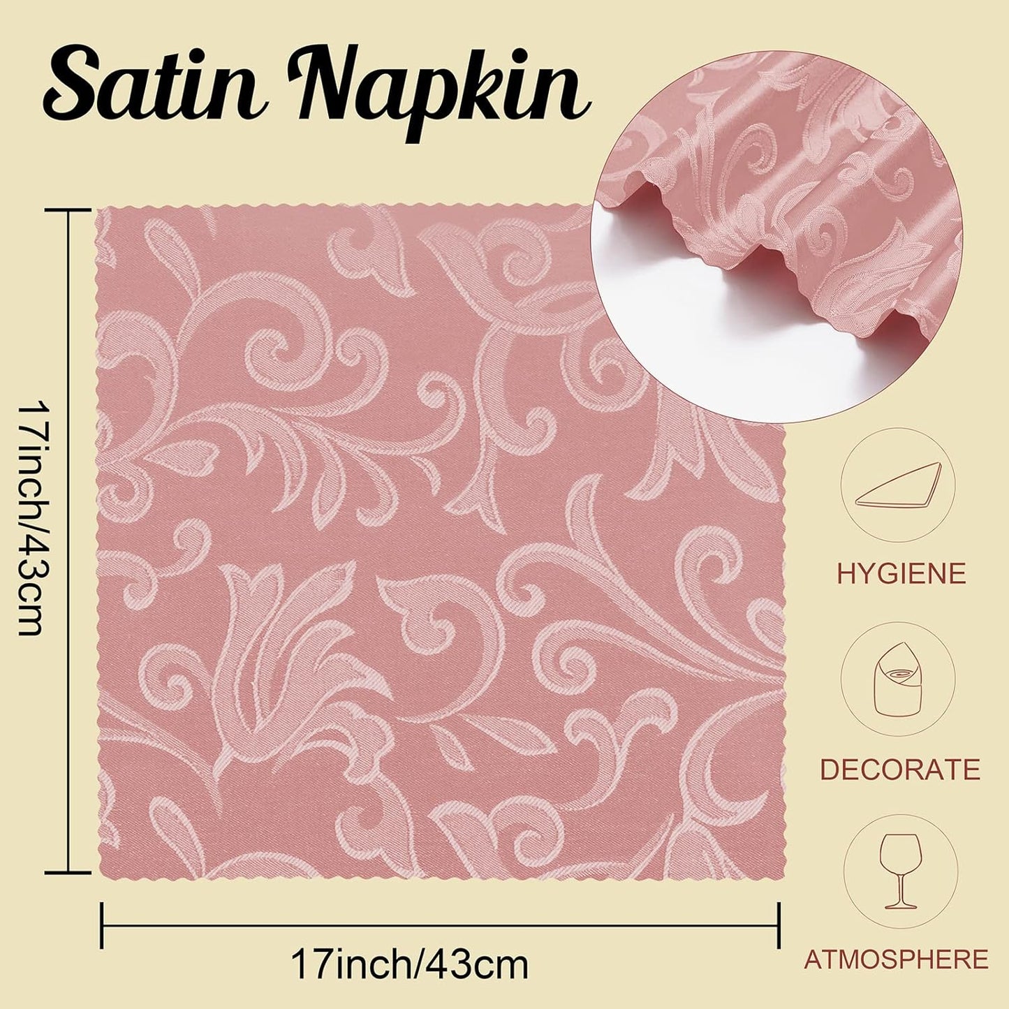 Horbaunal 4 Pack Damask Cloth Napkins 17 x 17 Inch, Jacquard Table Cloth Napkins Set of 4 Square Satin Napkins Fabric Dinner Napkins for Wedding Party Banquet, Rose Gold
