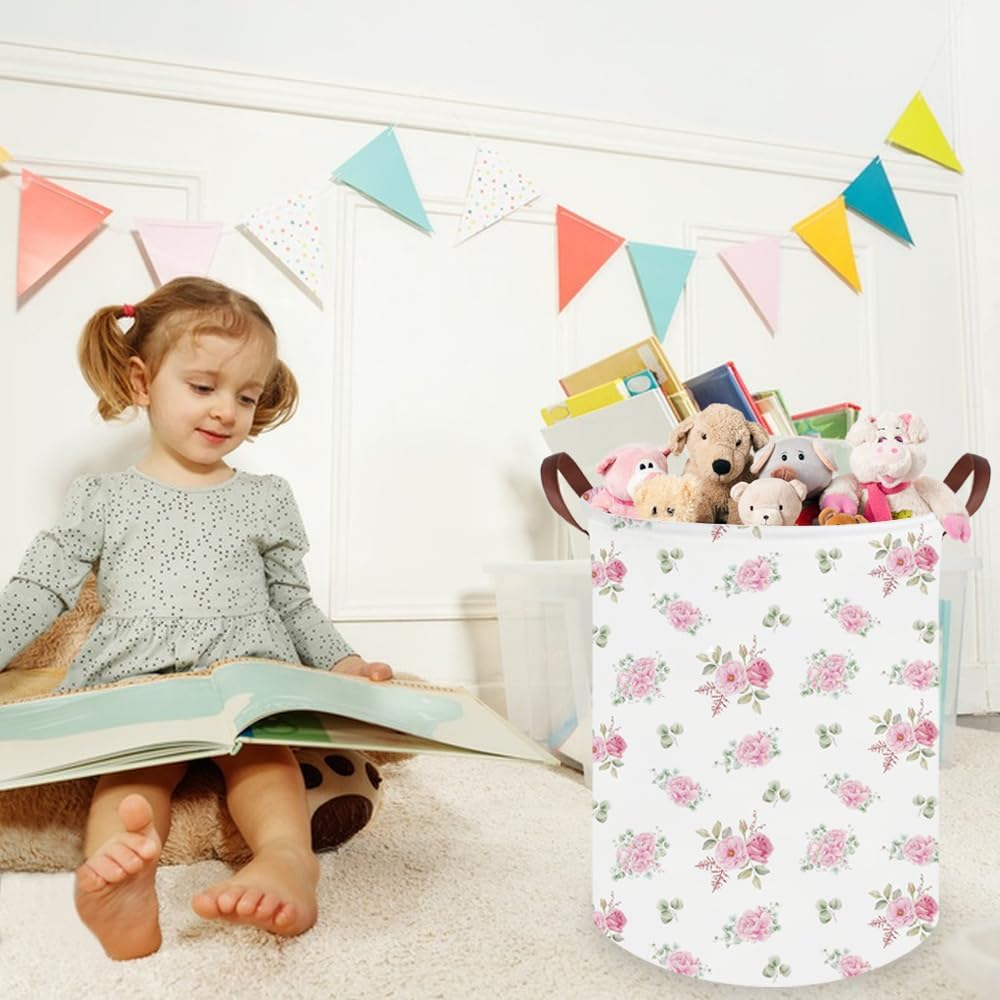 Pink Flower Laundry Basket,Nursery Baskets Girl Baby Storage Bins,Baby Girls Nursery Hamper,Waterproof foldable laundry basket,Gift Baskets,Pink Rose room Decor(Pink Rose)
