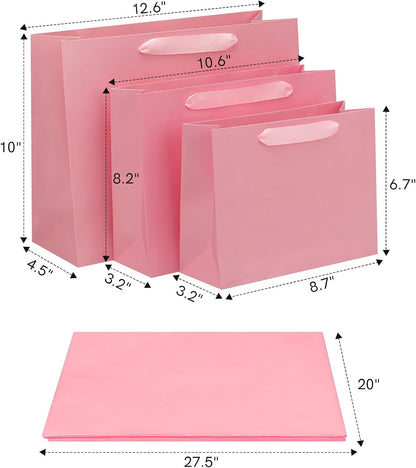 Pink Gift Bags Bundle in Different Sizes(4 Small 8.7'', 4 Medium 10.6'', 4 Large 12.6'') Gift Bags with Tissue Paper, Pink Kraft Paper Bags for Wedding, Graduations, Birthdays, Shopping (12)